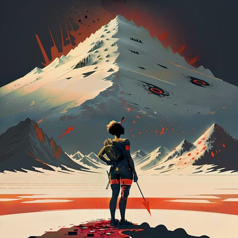 A woman with arrows piercing her body standing in front of a never ending mountain