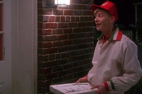 Macaulay Culkin in a Limo eating pizza and coke, with Rob Schneider in Home Alone and Home Alone 2: Lost in New York (1990 + 1992) | Film Flavor: A Newsletter Surveying Food in Film