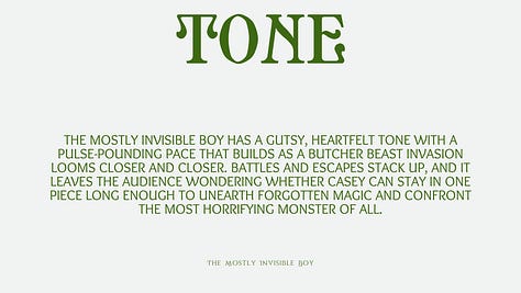Pitch deck images for Mostly Invisible Boy. More to come...