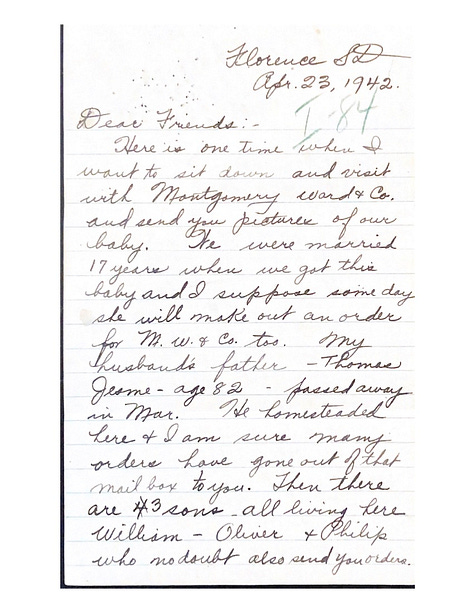 a letter written by Helen Jesme to Montgomery Ward in 1942