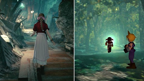 Comparison between Aerith's mannerism and behaviour at the beginning of Remake's chapter 9 and Cloud's dream in the original.