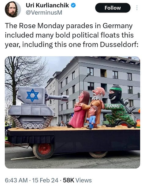 The German Carnival floats included Donald Trump cutting a U.S. flag into a swastika, Donald Trump stabbing a Ukrainian soldier in the back, Hamas terrorist pushing a Palestinian family in front of Israeli tank, Vladimir Putin eating the nation of Ukraine, Vladimir Putin getting a blow job from Patriarch Kirill, and Volodymyr Zelenskyy clutching an army helmet.