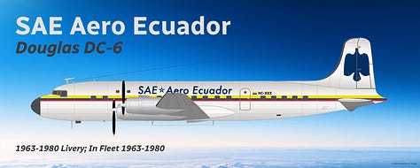 A selection of former SAETA Airlines aircraft types: 1) Douglas DC-3, 2) Douglas DC-6, 3) Vickers Viscount, 4) Sud Aviation SE 210 Caravelle, 5) Boeing 707-320B, 6) Boing 727-200 Advanced, 7) Boeing 720B, and 8) Boeing 737-300 - all shown in side view.