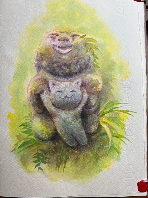 Rakan and his cat, japanese statue, stone statue, watercolor painting, painting process