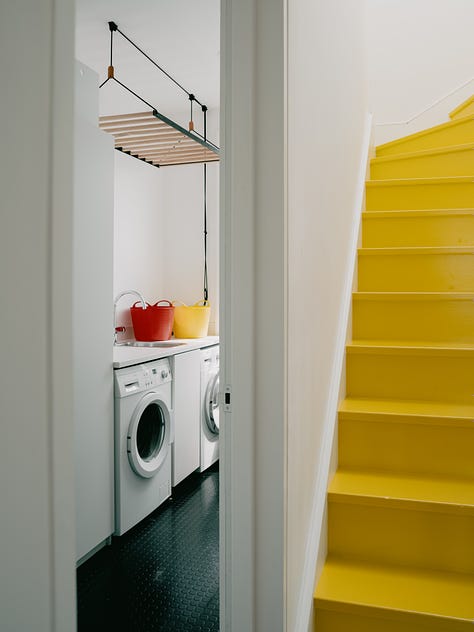 laundry room, utility room, wet room, shower room, bathroom, family bathroom, kids bathroom, staircase, colourful staircase, paint colours, painted staircase