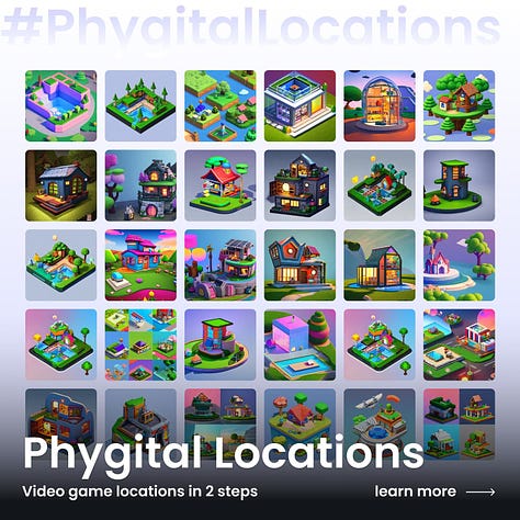 Images of Phygital's styles, characters, game assets, knolling box, pixels, logo transformation, fashion, and locations, as examples of the types of neural network tools available.