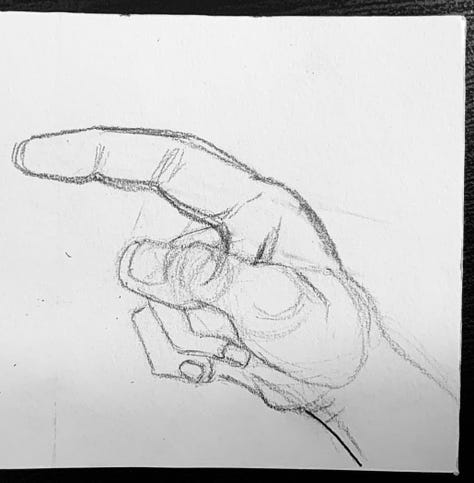 A relaxed "G" handshape from pencils to near-final art.