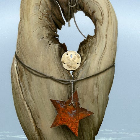 LEFT: Detail from TOTEM II: NAUSET featuring driftwood standing upright on a beach back by mist and a fogbow, an arc of silver. CENTER: Close detail from TOTEM II: NAUSET featuring a sand dollar shell wedged in a gap of driftwood. A rusty 5-pointed star hang from a rope wrapped around the driftwood. RIGHT: Close detail from TOTEM II: NAUSET featuring a variety of stones from smooth gray to textured like coral alongside green glass and a white feather on the smooth wet sand.