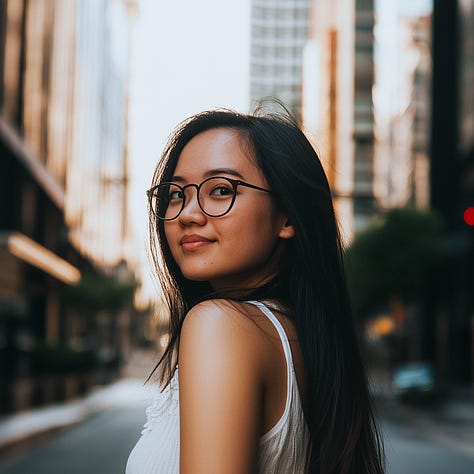 Photos of a woman at close-up, medium, and wide shot range in Midjourney