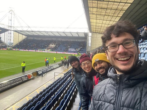 group of friends on train, in front of lake, and at football stadium