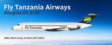 A selection of former aircraft used by Swahili Coast Airlines and its immediate predecessor, Fly Tanzania Airways: 1) Douglas DC-9-30, 2) Fokker F27 Friendship, 3) de Havilland DHC-6 Twin Otter, 4) Bombardier CRJ200, 5) Bombardier Dash 8 Q300, and 6) Cessna 208B Grand Caravan - all shown in side view.A selection of former aircraft used by Swahili Coast Airlines and its immediate predecessor, Fly Tanzania Airways: 1) Douglas DC-9-30, 2) Fokker F27 Friendship, 3) de Havilland DHC-6 Twin Otter, 4) Bombardier CRJ200, 5) Bombardier Dash 8 Q300, and 6) Cessna 208B Grand Caravan - all shown in side view.