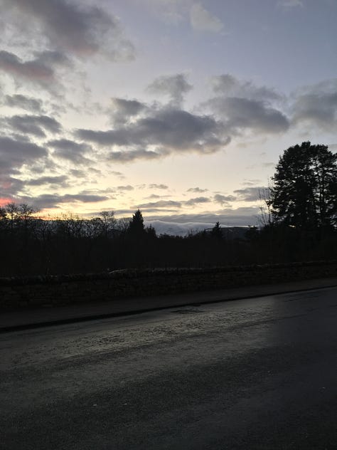 Image 1: Female lies down on a double train seat wearing an eyemask and earphones. Image 2: a fitness watch shows 56 minutes sleep. Image 3: dawn rising over the snow-capped Cairn Gorm Mountains from Aviemore.