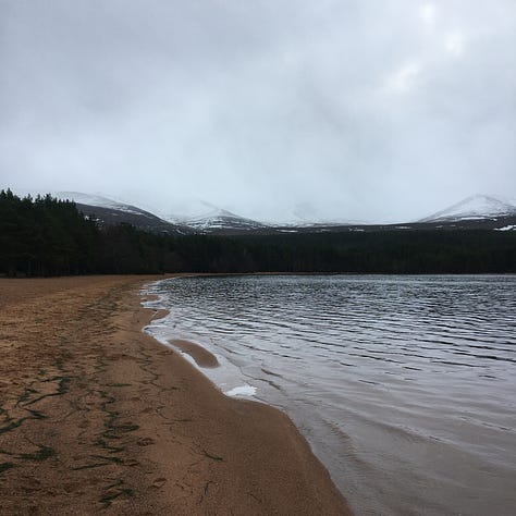 Images: 1. another beach to enter Loch Morlich from, with snowy-peaks closer in view; 2. after a two-minute dip in Loch Morlich; 3. clouds rush over the snow-capped Cairn Gorm hills where I believed I was heading in two days time.