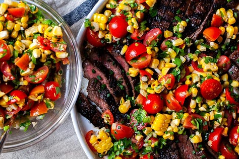 photos of summer steak with corn and tomatoes, chocolate olive oil cake, and pizza beans