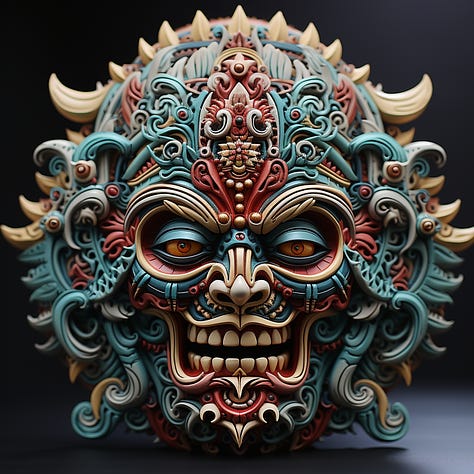 MJ prompt: ornate and colorful Mayan mask - stylize parameter set to 0, 300, and 1000