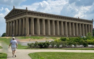 Various photos of Nashville’s tourist highlights, including its signature food “hot chicken,” Country Music HOF exhibits, and its replica of the Greek Parthenon.  