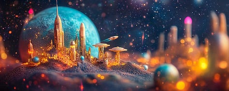 miniature diorama cardboard planet with space station in cosmic and psychedelic landscape