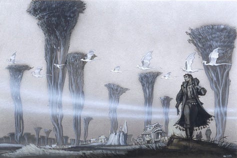 LEFT: Detail from THE RENEGADES OF PERN featuring a man with a bag slung over his shoulder walking with a caravan pulled by rough skinned pachyderms. Underneath his plain overcoat he wears bright red garb. His pants are baggy but tucked into his boots giving the impression that he’s used to this kind of travel. CENTER: Black and white preliminary concept for THE RENEGADES OF PERN featuring a man walking with a bag slung over his shoulder. A caravan follows closely behind. Drifting across the sky, a trio of dragons move left to right. There are no tall trees rising from the plains. Instead a few broken trunks can be seen flanking the caravan's path in the background. RIGHT: Tonal preliminary concept for THE RENEGADES OF PERN featuring a man walking with a bag slung over shoulder. A caravan follows far behind. Dragons casually drift in a line across the sky passing in front of tall, flat top alien trees.