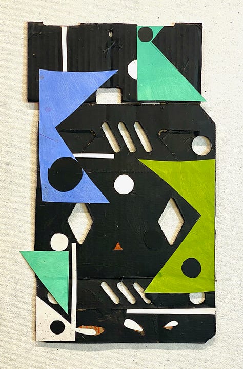 Images of the artist and her paintings in the 1980 and in 2024, covers to the children's albums, and two abstract collages.