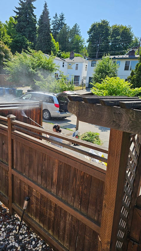 Images of a Personal Kanban, A fence being power washed, and the results of a hard day of work