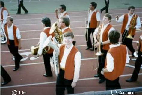 L-R: The author in the band at UT football game, 1979; Band on the field, 1979; The author in the alumni band, 1986.