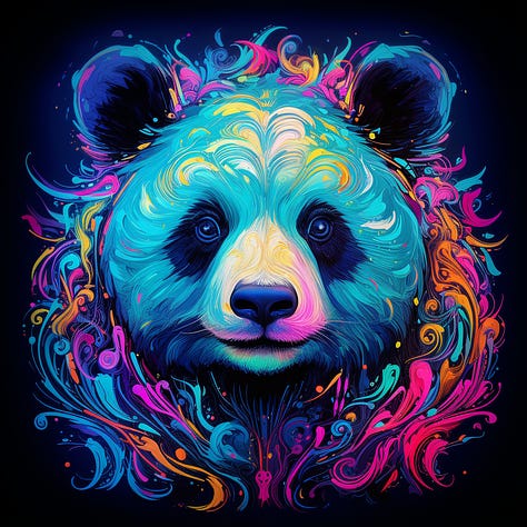 Different looks of "blacklight panda" by using different tuned styles in Midjourney