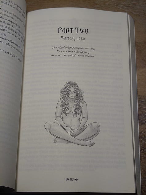 Various photos of the internal layout of the book, showcasing the artworks, poems, and giving a preview of the prologue, chapter one, and the text adventure bonus game.