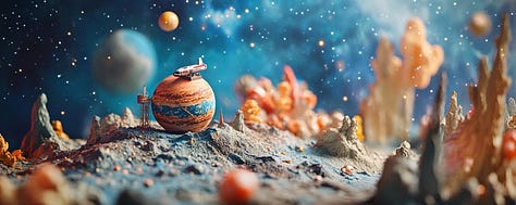 miniature diorama cardboard planet with space station in cosmic and psychedelic landscape