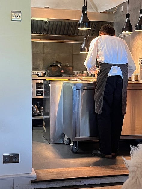 Images from inside The Small Holding with our menu, and example dishes, Halibut, Courgette & Basil (centre, bottom row); Garden Berries and Herbs (left bottom), and Scallop, Kohlrabi and Elderflower (right, centre) © The Lemon Grove