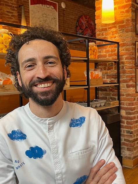 Three images of Italian chef Franco Aliberti wearing his trade mark white jacket decorated with a blue clouds