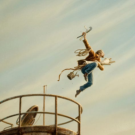 LEFT: Detail of the artist in a daring leap off the top of a weathered concrete tower. He's jumped off the guard rail. Below, the concrete is streaked with rust. Taut wires are strung from the tower to adjacent buildings off-panel. CENTER: Closer detail of the artist in a daring leap off the top of a weathered concrete tower. Behind him a vault hatch is propped open. A metal pole extends opposite, running straight up until it curve outward. Tatters of string hang from the end. RIGHT: Close detail of the artist mid-leap across streaks of cream colored clouds that show through to hints of blue sky. One arm is extended out holding a french curve, L-square, and pencil. Rope is looped over the long sleeve of his shirt. In his other arm, he clutches canvas and wood framing pieces. A satchel hangs low at his side, trailing his motion. A hammer tipping out and nails have already fallen.