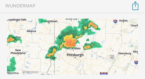 three images: 1) a weather map showing a storm cell over Pittsburgh, 2) a tree fallen on powerlines and 3) the dashboard of a car with a view out the windshield with a heavy storm outside