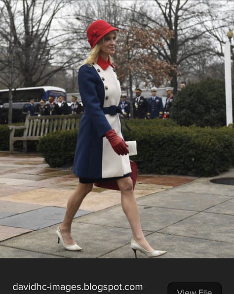 Three images of Trump campaign mastermind Kellyanne Fitzpatrick Conwway in her red, white, and blue Gucci coatdress  walking alone on her way to the Trump Inauguration, close up speaking into a microphone, walking at Trump Inauguration with Steve Bannon