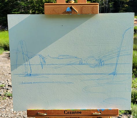 Three photos of the view that is being painted, the pencil sketch on the painting panel and the start of the painting in shades of blue