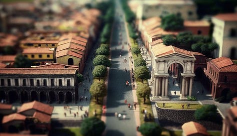 Midjourney prompt: all roads lead to rome during roman empire era tilt-shift photography