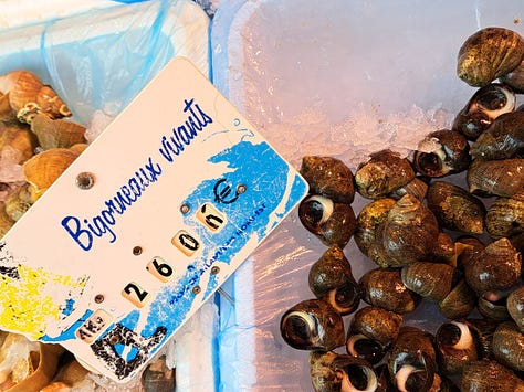 crab and winkles; fish stalls marche de Loches