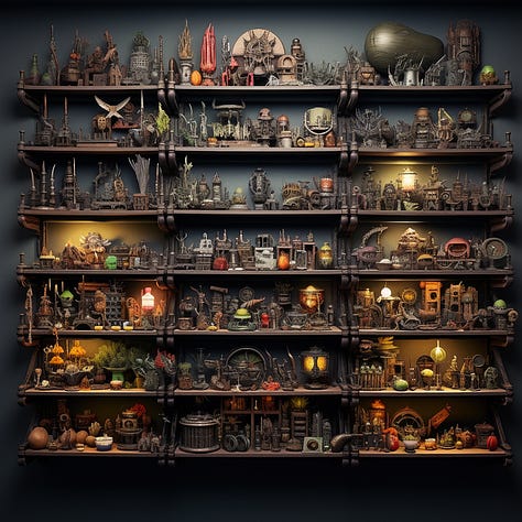 Midjourney prompt results for cluttercore + room, toys, and shelves