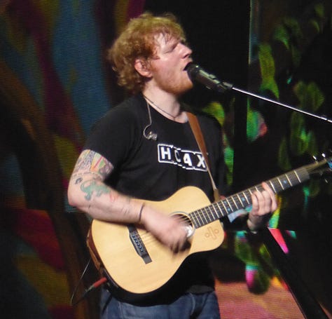 images of Ed Sheeran playing guitar and singing, image of girls with Ed Sheeran