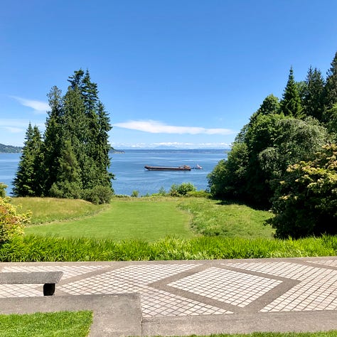 Gardens around Mid Pond, the Residence, and looking over the Bluff to the Salish Sea.