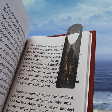 A collection of metal bookmarks featuring images with an urban fantasy feel