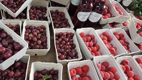 red gooseberries, raspberries, apples, tomatoes, forced rhubarb, farmers market London