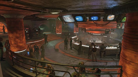 various photos depicting Makal’s Gambling Parlor, an in-universe cantina in Star Wars Outlaws