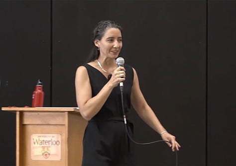 Sharna speaking at a podium, a group of professional people learning to dance is a workshop, a third picture of Sharna speaking at a podium.