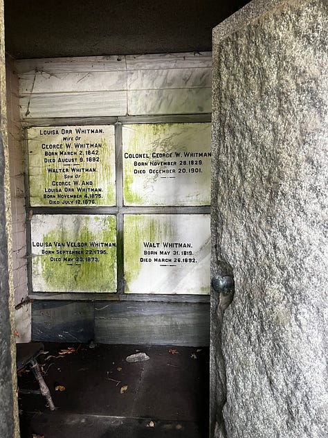 Images of Walt Whitman's final resting place: tomb, trees, plaque.