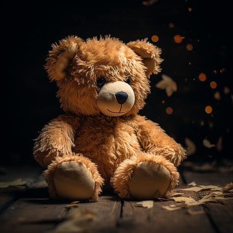 Photo of a woman, teddy bear, and rose, cinematic lighting
