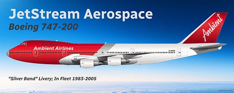 A selection of former Ambient fleet aircraft: 1) Airbus A340-300 (Silver Band); 2) Airbus A380 (Audiowave); 3) Boeing 747-200 (Silver Band); 4) Boeing 747-400ER (Silver Band); and 5) Boeing 747-8 Intercontinental (Audiowave) - all shown in side view. 