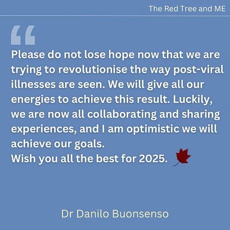 Dear Friends, Colleagues, Patients with Long Covid, ME/CFS and other post-viral chronic illnesses, as we are entering a new year, I want to tell you that the World is now slowly waking up, many of us are literally fighting not only to raise awareness about the real organic nature of your debilitating diseases, but also to find the best pharmacological options to help you to go back to a normal life. Please do not lose hope now that we are trying to revolutionize the way post-viral illnesses are seen. We will give all our energies to achieve this result. Luckily, we are now all collaborating and sharing experiences, and I am optimistic we will achieve our goals. Merry Christmas and wish you all the best 2025.