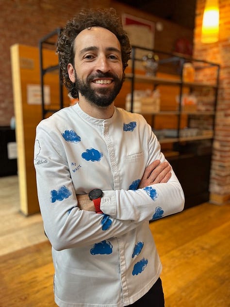 Three images of Italian chef Franco Aliberti wearing his trade mark white jacket decorated with a blue clouds