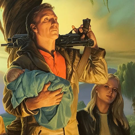 LEFT: Detail from BEOWULF'S CHILDREN featuring a man holding a swaddled baby in one hand while resting a futuristic pump action shot gun on his opposite shoulder. He's flanked by a young woman with blonde hair and a young man wearing futuristic goggles. CENTER: Close detail from BEOWULF'S CHILDREN featuring a young woman with blonde hair and a young man wearing futuristic goggles. A coiled wire extends down to a pack strapped over his shoulder. The background landscape is decidedly alien, a grassland with shallow water winding through it. An alien lizard climbs the bare trunk of a tree. Its mouth opens in a hiss directed at a futuristic blimp floating in the dawn lit sky. RIGHT: Close detail from BEOWULF'S CHILDREN featuring a man holding a swaddled baby in one hand while resting a futuristic pump action shot gun on his opposite shoulder. Beside him stands a young woman with straight blonde hair. She's wearing a black leather jacket and is cocking her head to look past him directly into the camera. 