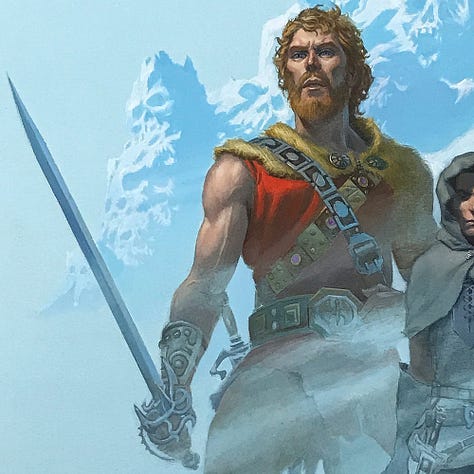 LEFT: Detail from SWORDS AND ICE MAGIC featuring Fafhrd and Grey Mouser in a mountaintop flurry with a rocky peak of ghastly faces rising behind them. CENTER: Close detail from SWORDS AND ICE MAGIC featuring a bearded Fafhrd with short and curly tousled red hair. A bandolier of buckled metal crosses over his sleeveless scarlet tunic. One strap tucks under the fur collar. His arms are bare to the elements. He wears a long bracer on his sword arm. He holds a blade angled up and at the ready. The handle of another sword can be seen at his hip. RIGHT: Close detail from SWORDS AND ICE MAGIC featuring Grey Mouser with his hood up and cloak whipping in the wind. His drab tunic has short sleeves, but his arms are covered to the elbow by long gloves. A long dagger hangs from his hip. He holds a thin rapier angled down. A flap of fabric, perhaps a small empty pouch, is caught by the wintry wind, but absently caught at the knuckled of his hooked index finger.